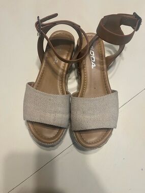 Soda Beige Canvas Front with Brown Ankle-Strap Sandals